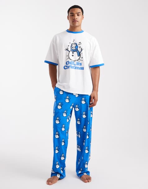 ASOS DESIGN Christmas pajama set with snowman graphic in blue - view 1