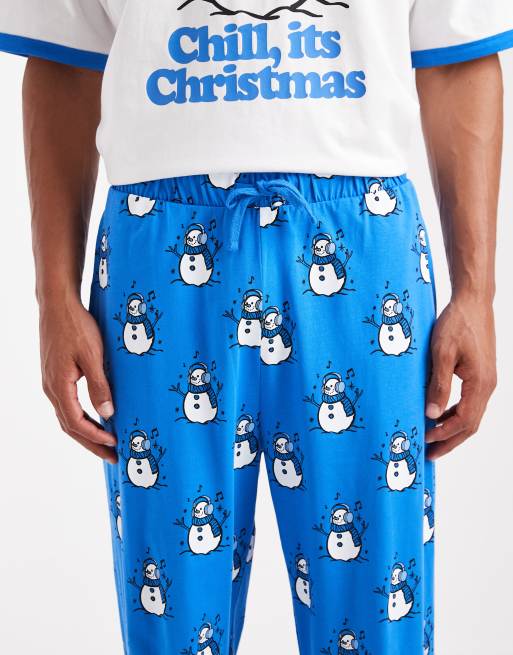 ASOS DESIGN Christmas pajama set with snowman graphic in blue
