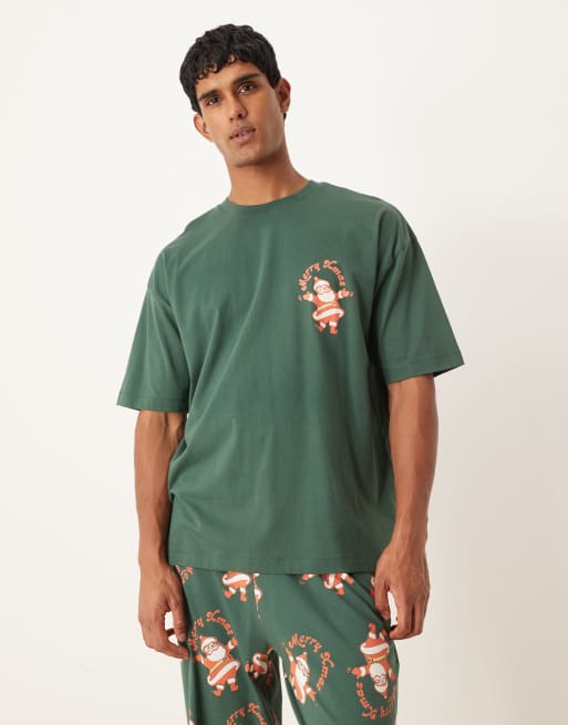 ASOS DESIGN Christmas pajama set with vintage Santa graphics in green