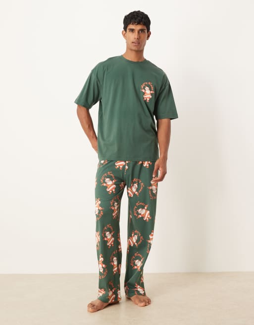 ASOS DESIGN Christmas pajama set with vintage Santa graphics in green