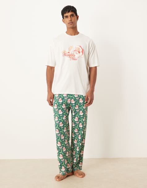 ASOS DESIGN Christmas pyjama set with retro Santa graphic in blue - view 1
