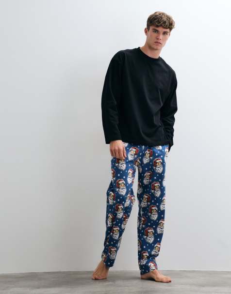 ASOS DESIGN Christmas pyjamabroek met santa-opdruk in blauw - view 1