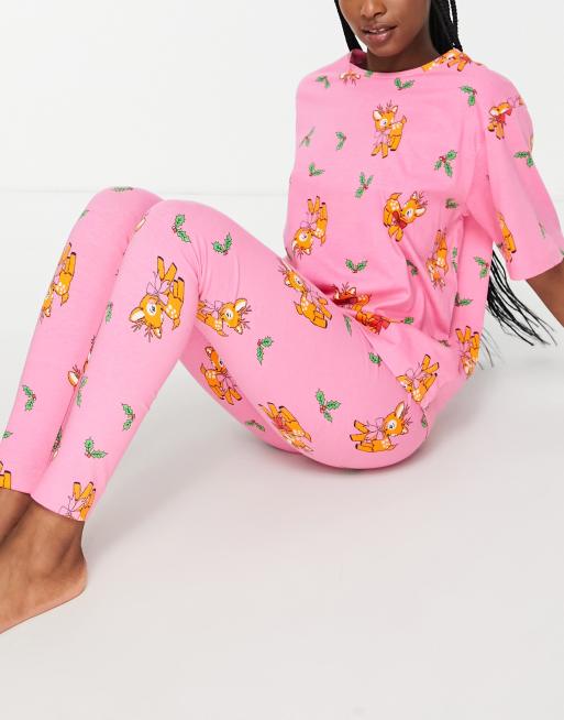 ASOS DESIGN Christmas reindeer oversized tee legging pajama set in pink