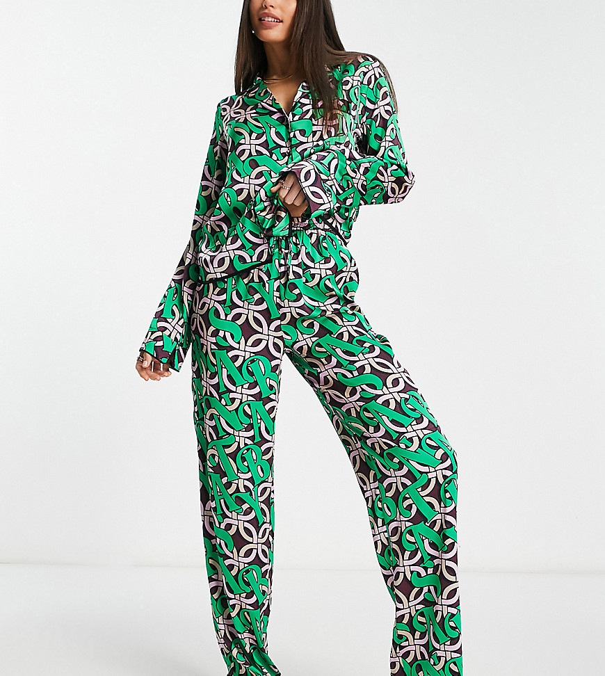 Asos Tall Asos Design Christmas Santa Baby Satin Shirt & Pants Pajama Set In Green & Pink-multi