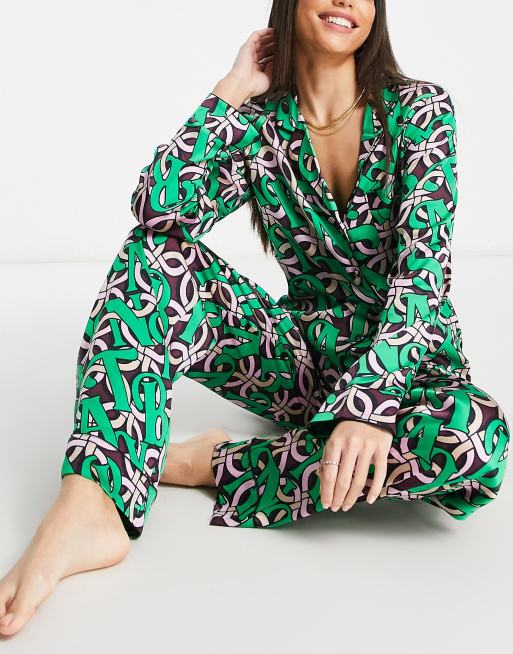 ASOS DESIGN Tall satin shirt & pants pajama set with contrast piping in  emerald green