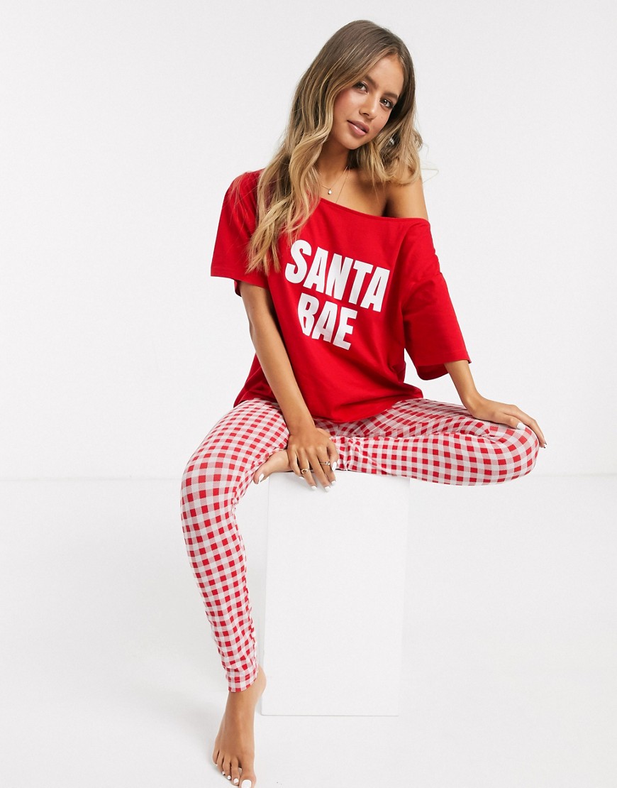 ASOS DESIGN Christmas santa bae off shoulder tee & pyjama legging set-Red