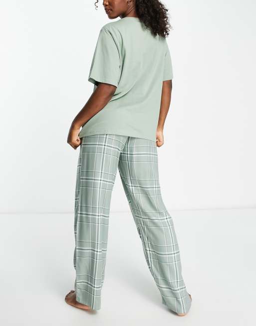 ASOS DESIGN Christmas santa express tee & woven check trouser pyjama set in  sage | ASOS