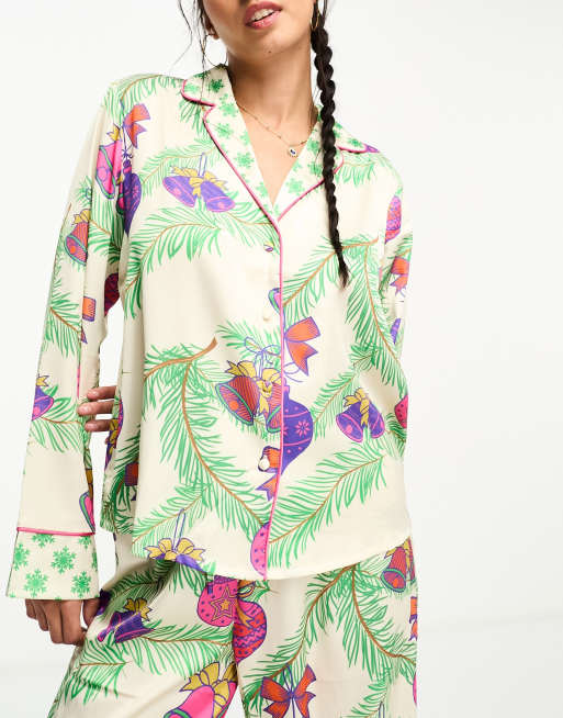 ASOS DESIGN Christmas satin botanical bauble shirt & pants pajama set in  cream