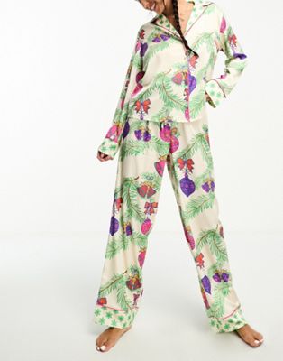 ASOS DESIGN Christmas satin botanical bauble shirt & pants pyjama set in cream - ASOS Price Checker