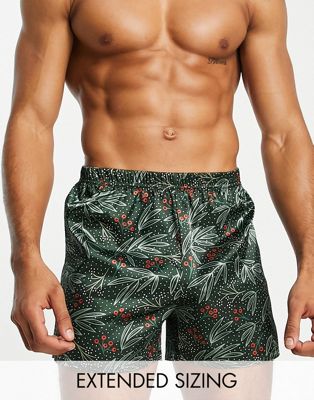 ASOS DESIGN christmas satin boxers with holly print (201075039)