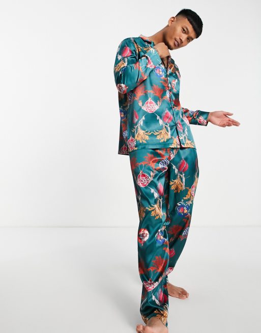 ASOS DESIGN christmas satin pajama set with bauble print