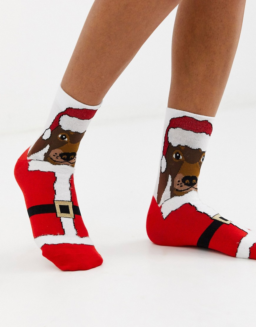 ASOS DESIGN Christmas sausage dog in santa outfit ankle socks-Multi