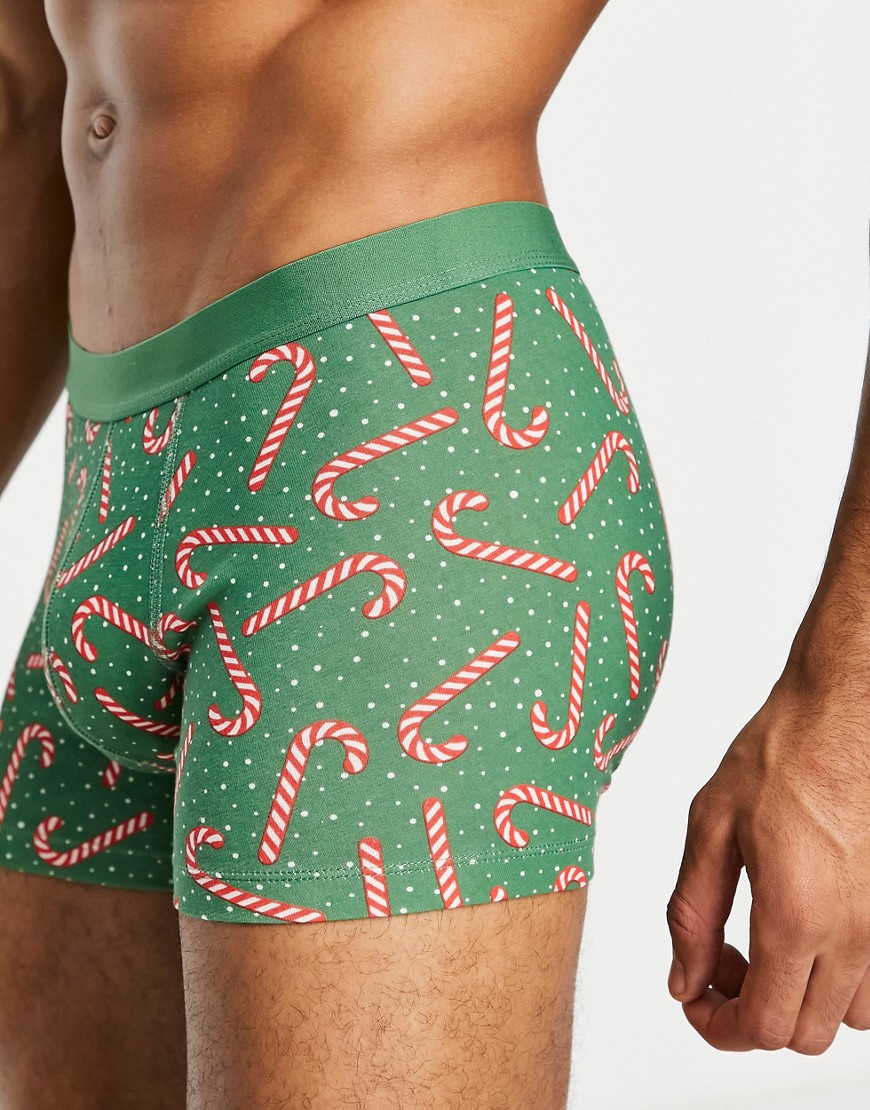 ASOS DESIGN christmas short trunks with candy cane print-Green