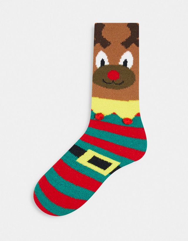 ASOS DESIGN Christmas slipper socks in red with reindeer and stripe