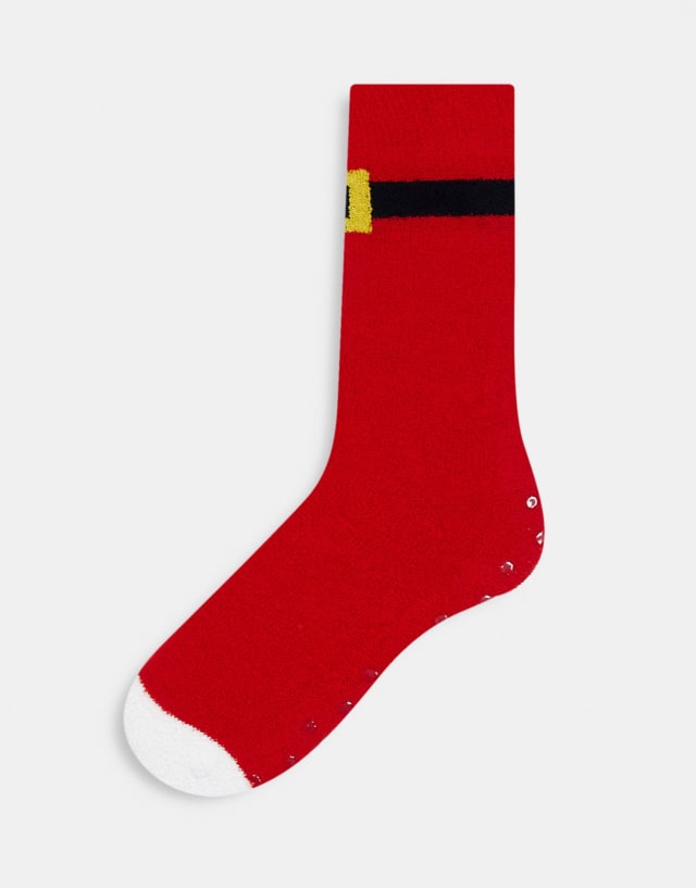 ASOS DESIGN Christmas slipper socks in red with santa belt