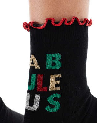 Asos Design Christmas Slogan Socks With Frill Edge In Black
