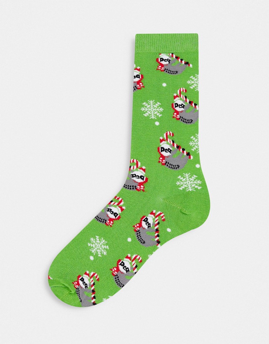 ASOS DESIGN christmas sloth ankle sock in green
