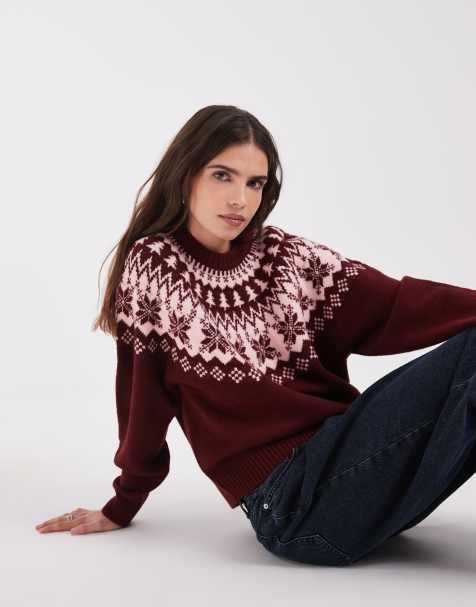 ASOS DESIGN christmas snowflake crew neck jumper in burgundy - view 1