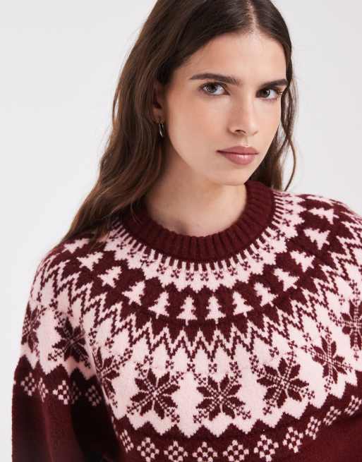 ASOS DESIGN christmas snowflake crew neck jumper in burgundy, 2 of 4