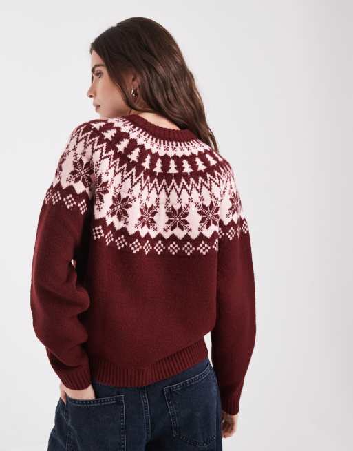 ASOS DESIGN christmas snowflake crew neck jumper in burgundy, 4 of 4