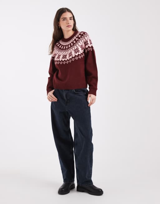 ASOS DESIGN Christmas snowflake crew neck sweater in burgundy, 3 of 4