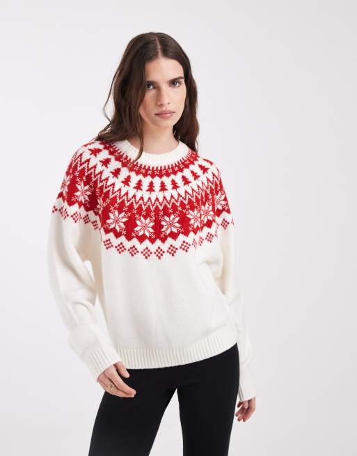 ASOS DESIGN christmas snowflake crew neck sweater in cream, 2 of 4