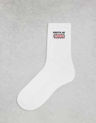 ASOS DESIGN ASOS DESIGN Christmas socks with swear word embroidery in white