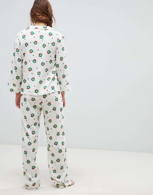 ASOS DESIGN christmas sprout traditional shirt and trouser pyjama set