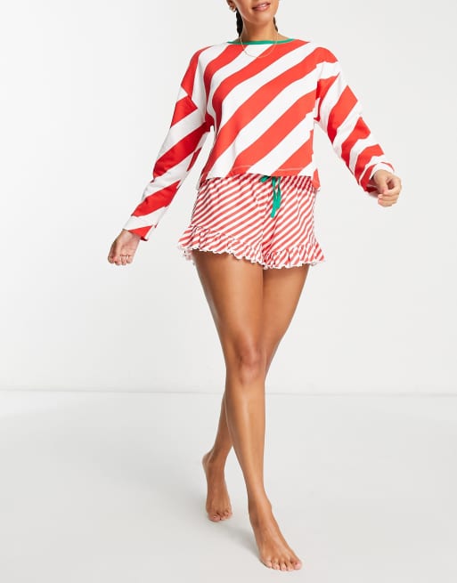 ASOS DESIGN Christmas striped slouchy sweatshirt & shorts pajama set in red & white