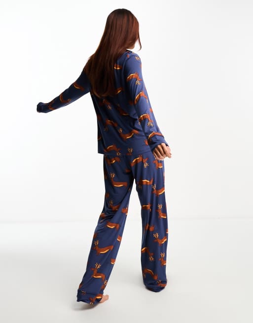 ASOS DESIGN Christmas super soft sausage dog long sleeve shirt trouser pyjama set with piping in navy