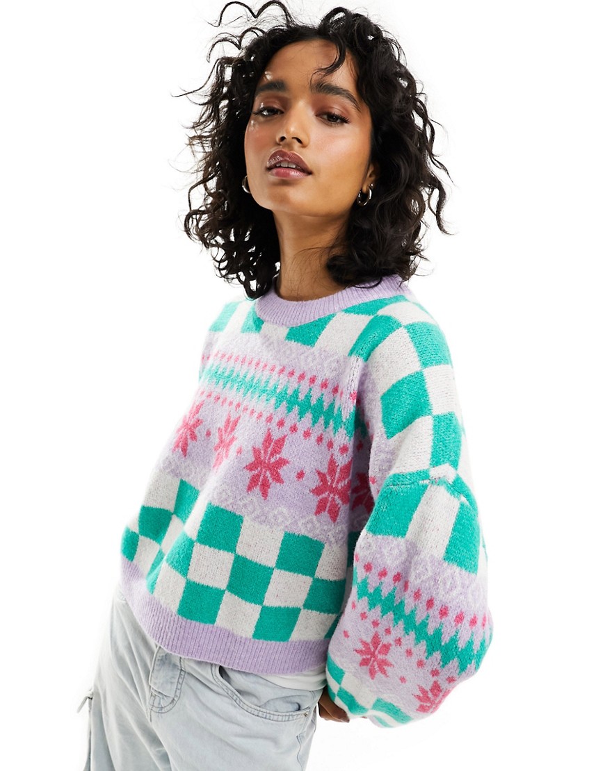 Asos Design Christmas Sweater In Sporty Snowflake Checkerboard Pattern-multi