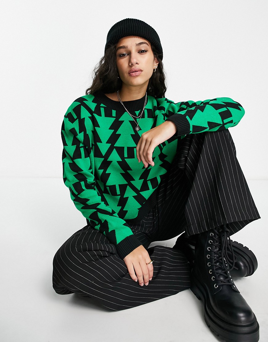 ASOS DESIGN Christmas sweater with all over tree pattern in black