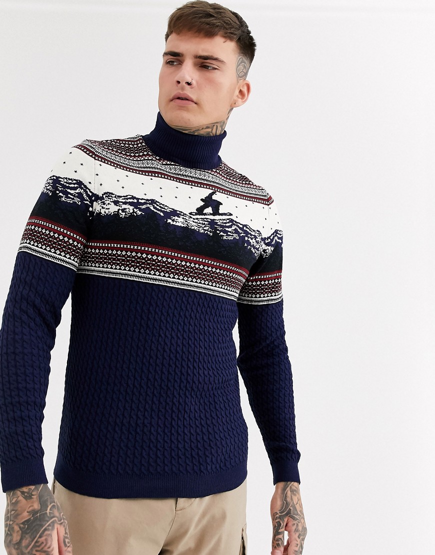 Asos Design Christmas Sweater With Roll Neck In Xmas Scene-navy | ModeSens