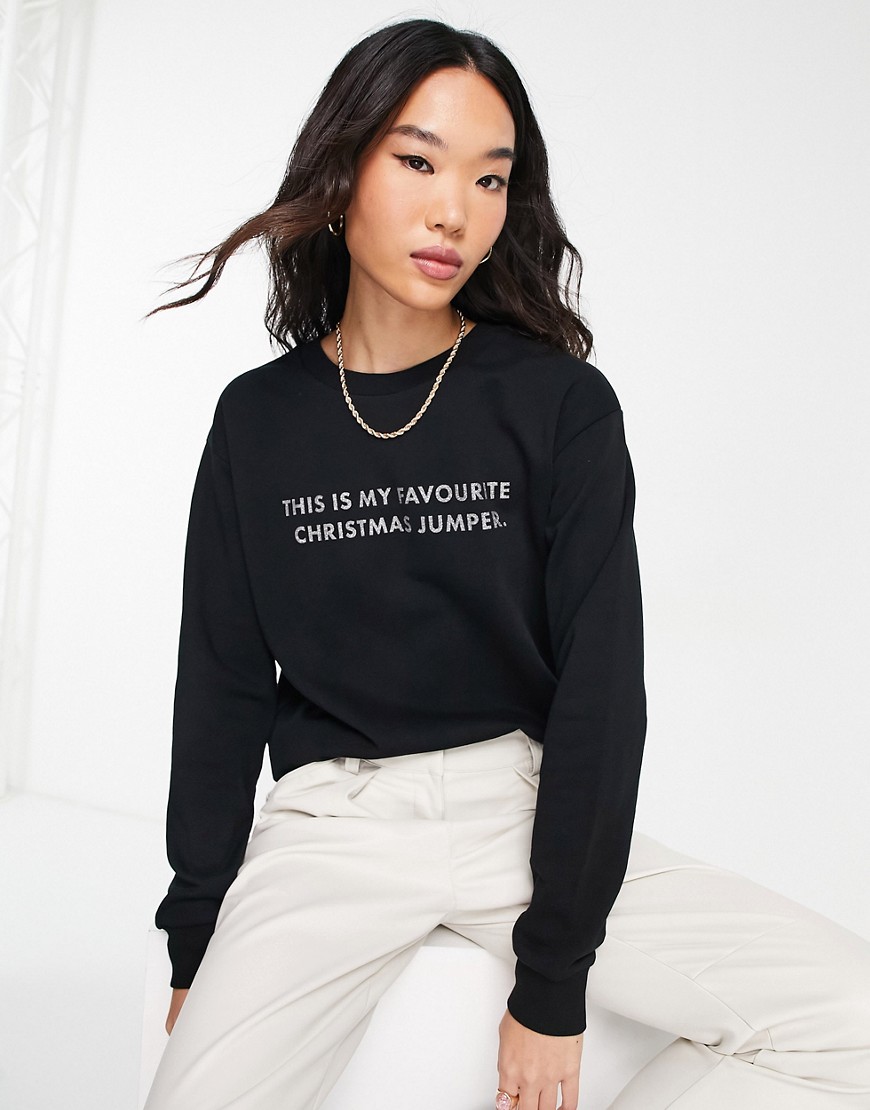 ASOS DESIGN Christmas sweatshirt with glitter favourite jumper print in black