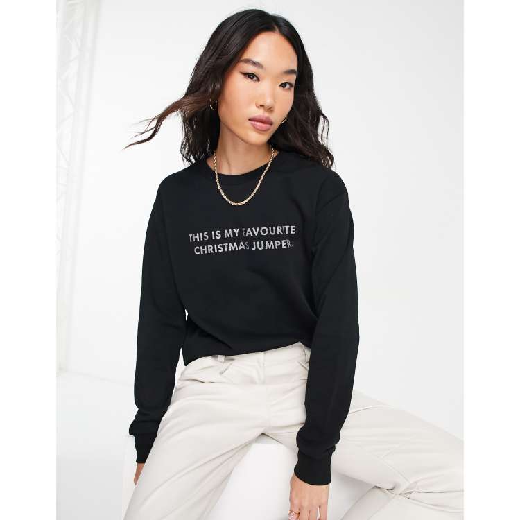 ASOS DESIGN Christmas sweatshirt with glitter favourite jumper print in black ASOS