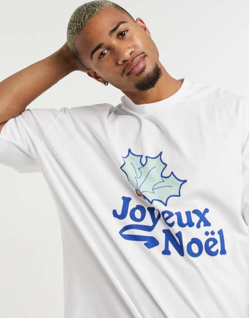 Faoswalim Design Christmas T Shirt With Front Joyeux Noel Print In White Faoswalim