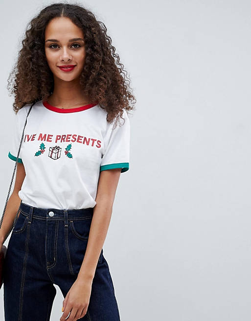 ASOS DESIGN christmas t-shirt with glitter print and contrast binding