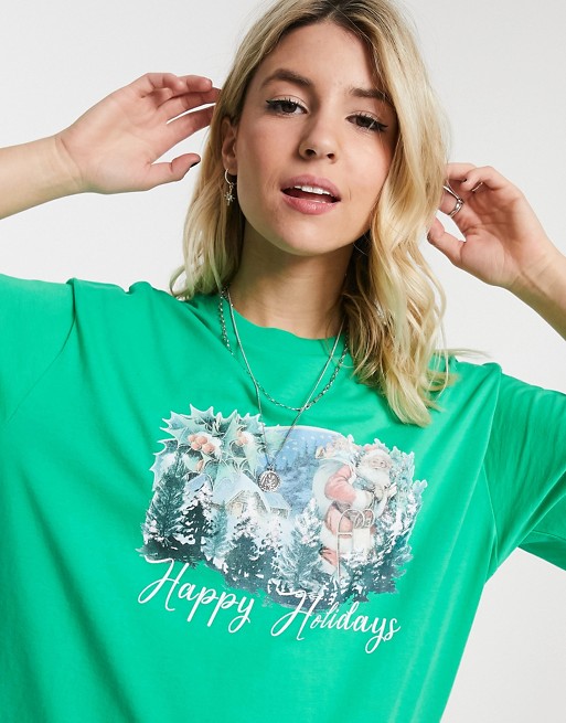 ASOS DESIGN Christmas t-shirt with vintage happy holidays print in green
