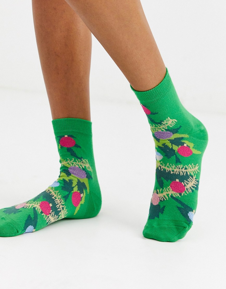 ASOS DESIGN Christmas tree glitter ankle socks-Green
