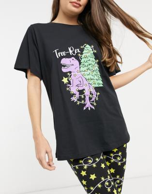 ASOS DESIGN Christmas tree rex oversized tee & legging pajama set in black