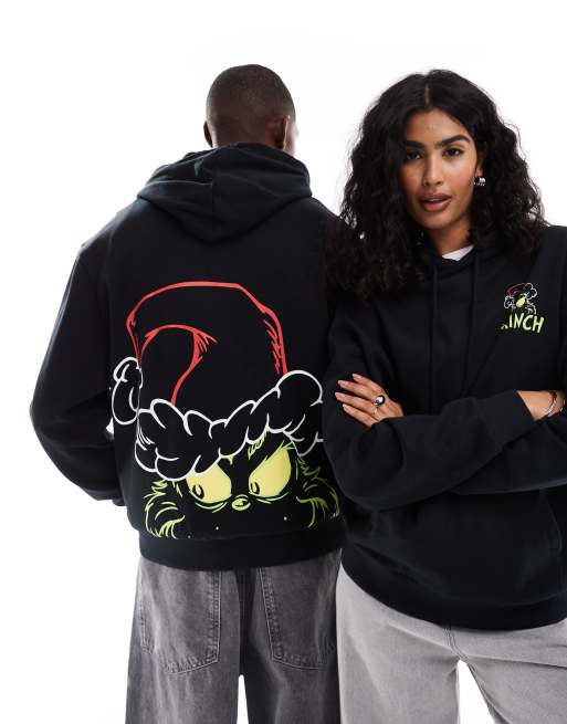ASOS DESIGN Christmas unisex oversized hoodie with The Grinch festive prints in black, 4 of 4
