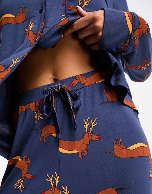 ASOS DESIGN Christmas viscose sausage dog long sleeve shirt pants pajama set with piping in navy