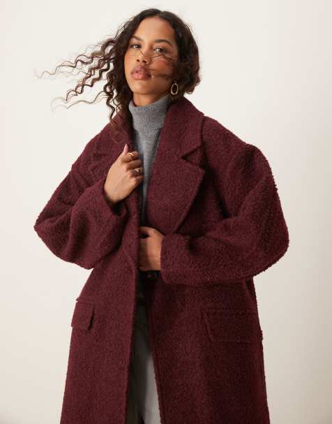 ASOS DESIGN chuck on cozy boucle coat in burgundy - view 1
