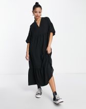 ASOS DESIGN tiered midi wrap dress with puff sleeve in black | ASOS