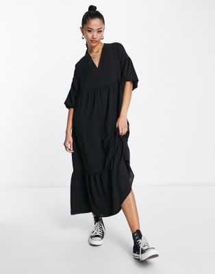 Asos Design Chuck On Smock Midi Dress In Black