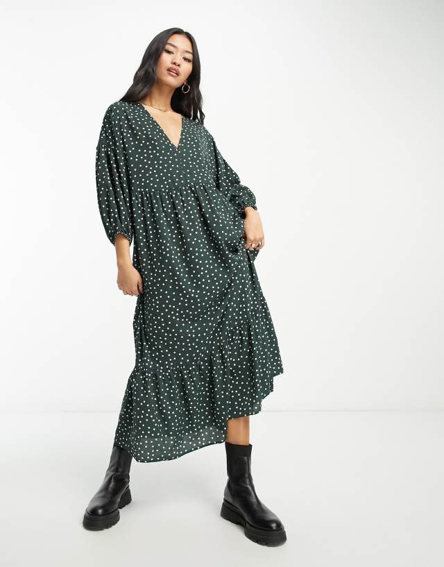 ASOS DESIGN - chuck on smock midi dress in bottle green spot