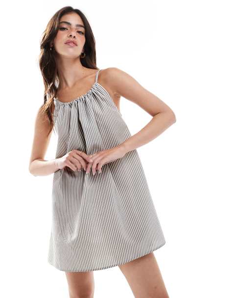ASOS DESIGN chuck on trapeze mini dress in grey stripe - view 1