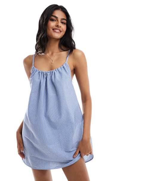 ASOS DESIGN chuck on trapeze strappy dress in blue stripe - view 1