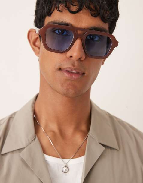 ASOS DESIGN chunky aviator sunglasses in milky brown with blue lens - view 1