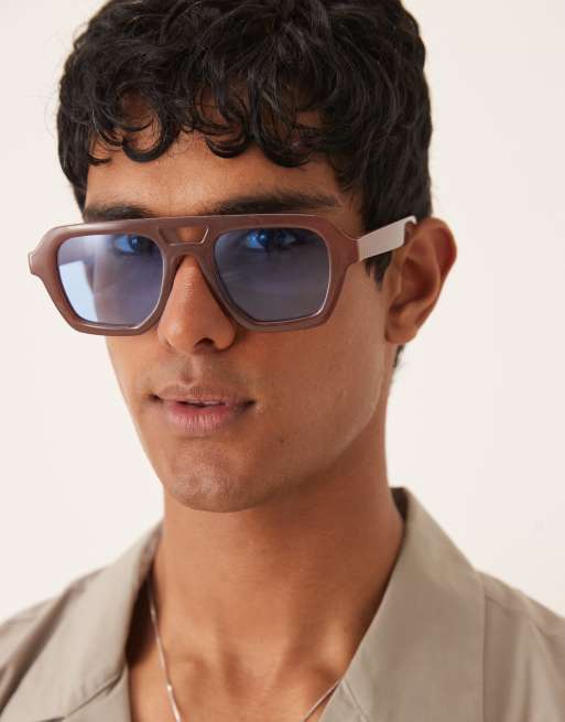 ASOS DESIGN chunky aviator sunglasses in milky brown with blue lens, 2 of 3